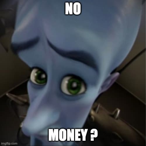 Megamind peeking meme says "no money ?"